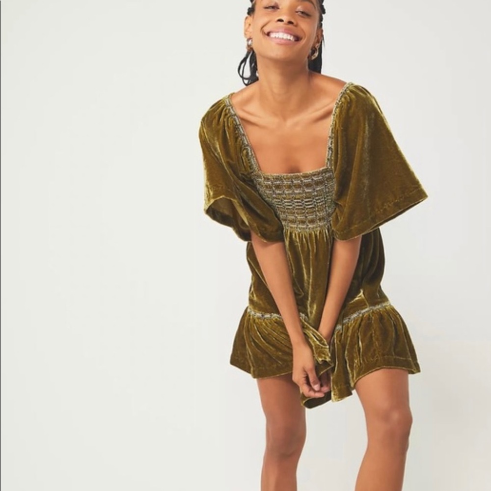 Free People Olive Green Velvet Smocked Minidress